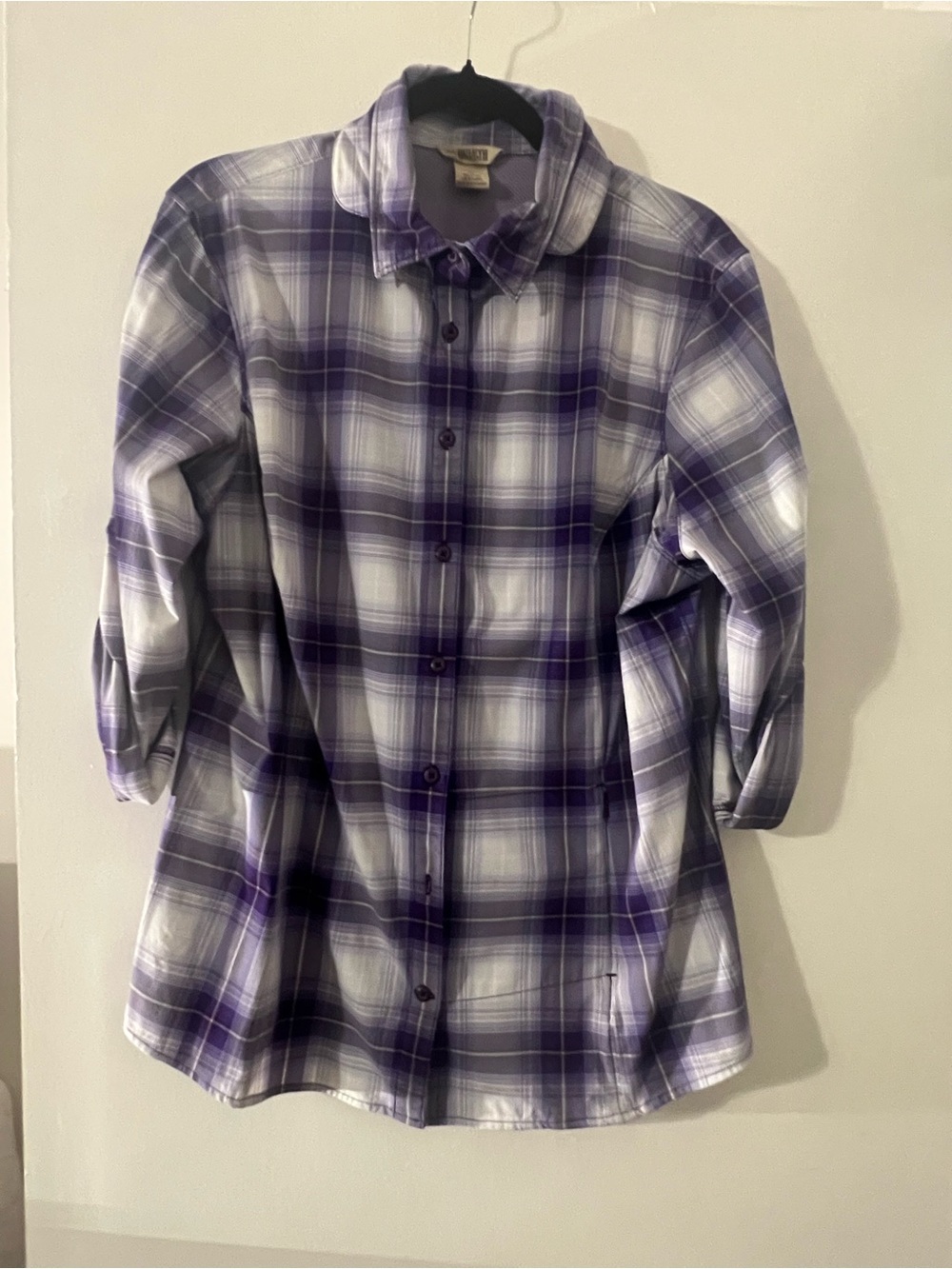 Duluth Trading Purple White Plaid Lightweight Stretch Button Front XL - Picture 5 of 5